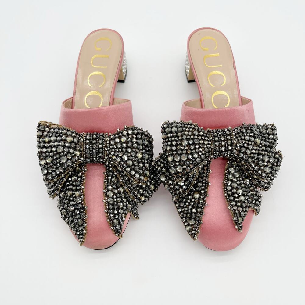 Gucci Candy Pink Silk Removable Crystal Embellished Bow Block Heel Mules EU 37 - Picture 5 of 16